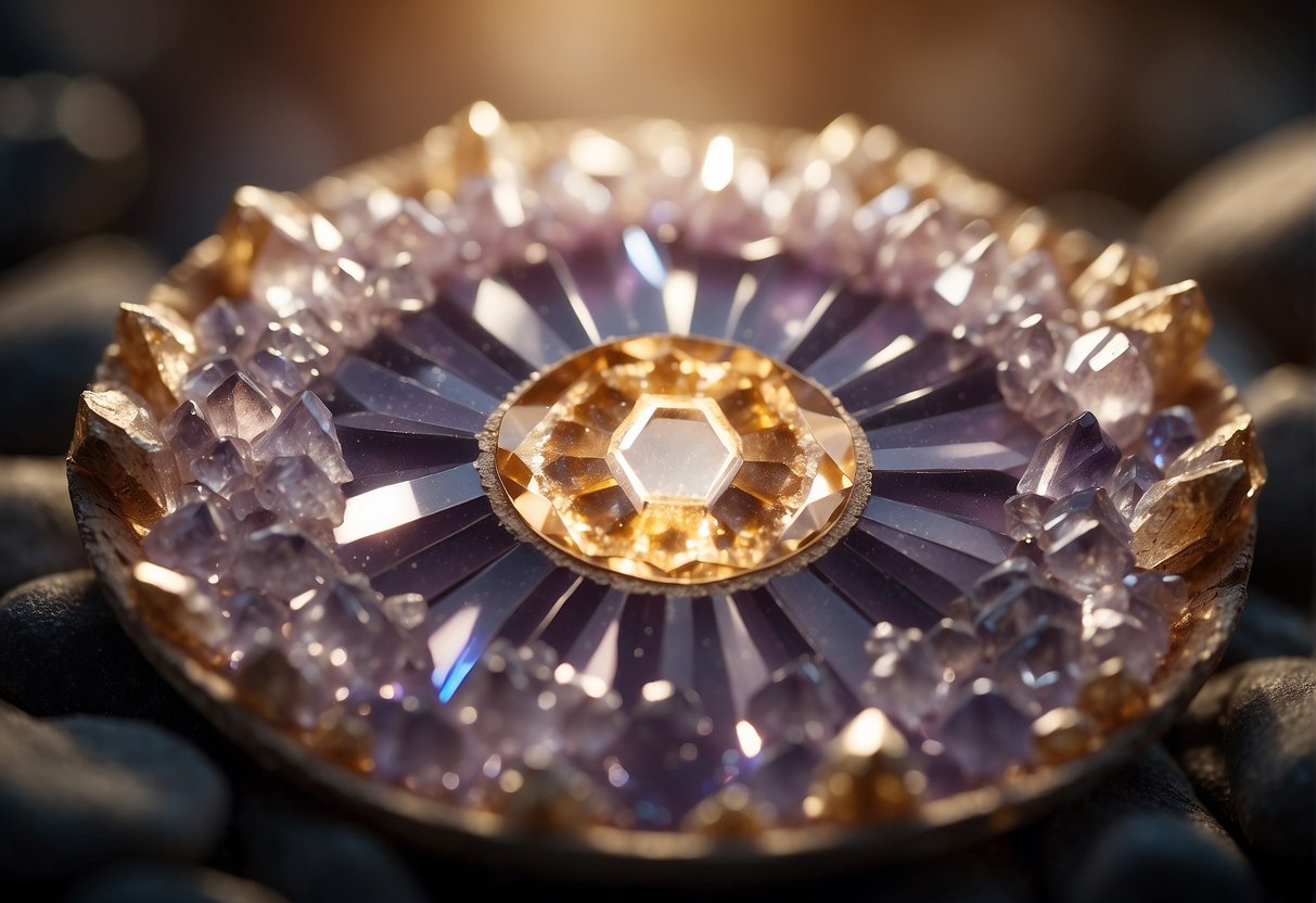 A cluster of spirit quartz crystals arranged in a circular pattern, with smaller crystals radiating out from a central point