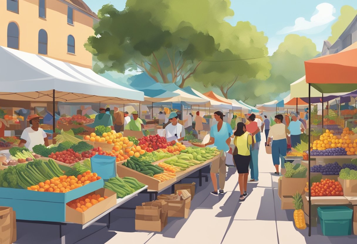 A bustling farmers market in Orlando, with colorful stalls and fresh produce on display. Shoppers browse the selection of fruits, vegetables, and artisanal goods