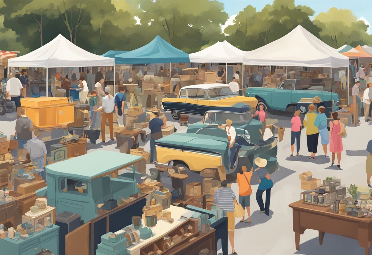 Visitors rate Orlando flea markets with antiques. Shoppers browse stalls. Items displayed include vintage furniture, collectibles, and unique finds