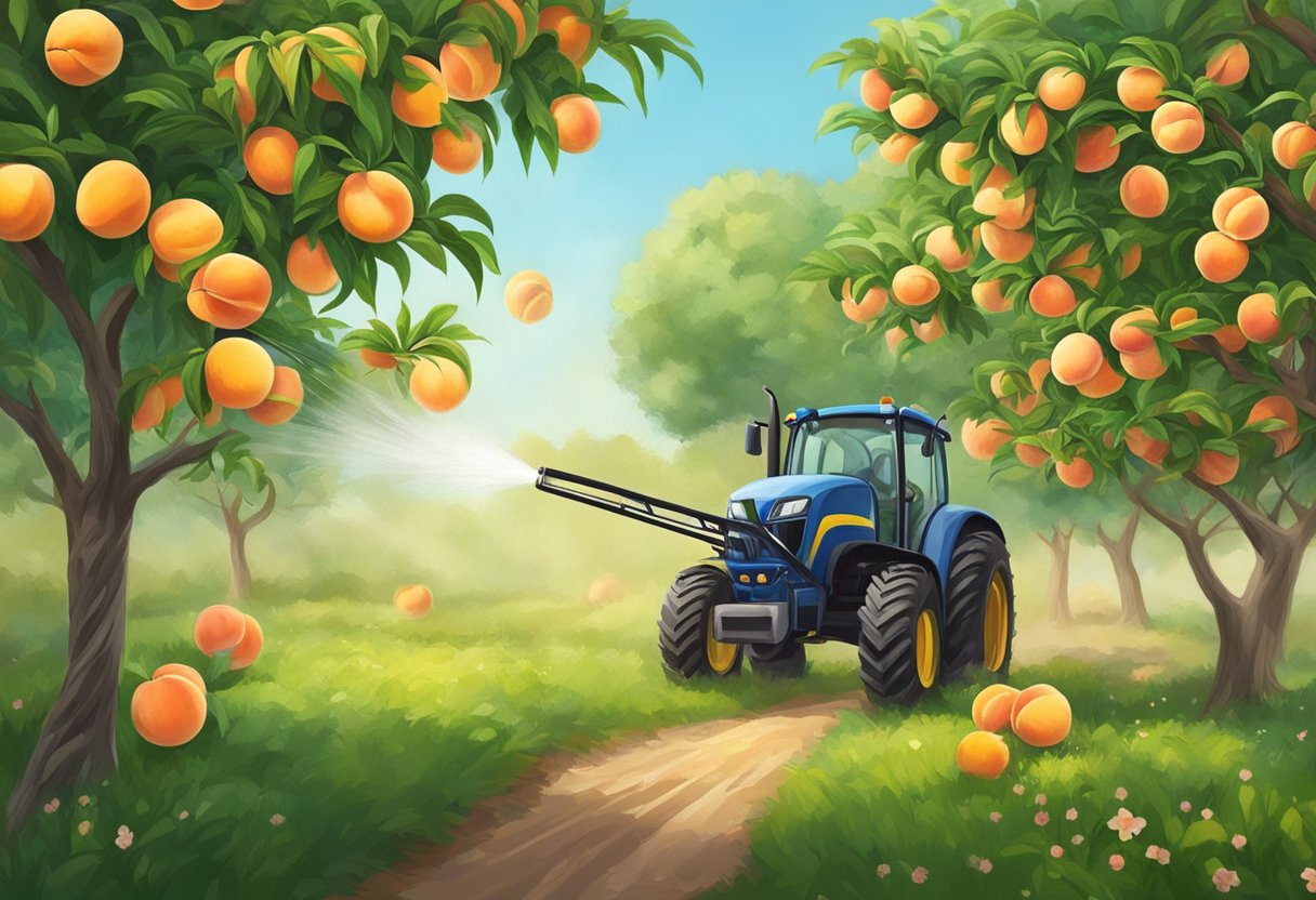 A farmer sprays peach trees with fungicide, protecting them from disease