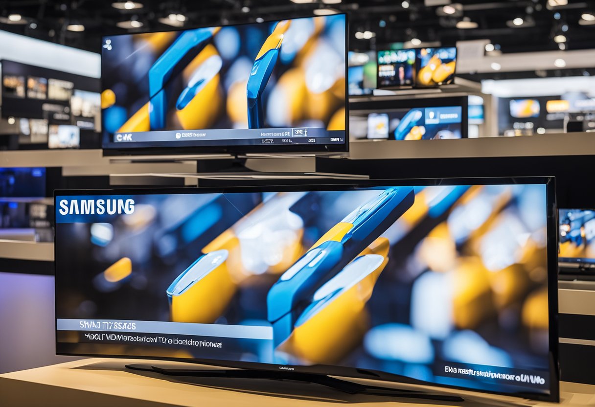 A 4K Samsung Smart TV stands prominently on display at Cdiscount, breaking price records and showcasing its sleek design