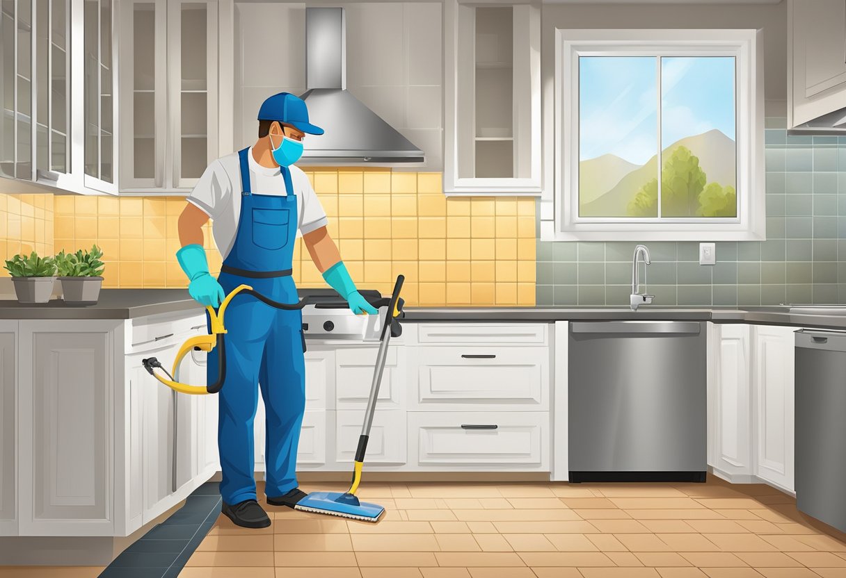 A professional cleaner diligently cleans and seals tile and grout in a spacious kitchen, using specialized equipment and products in Phoenix, AZ