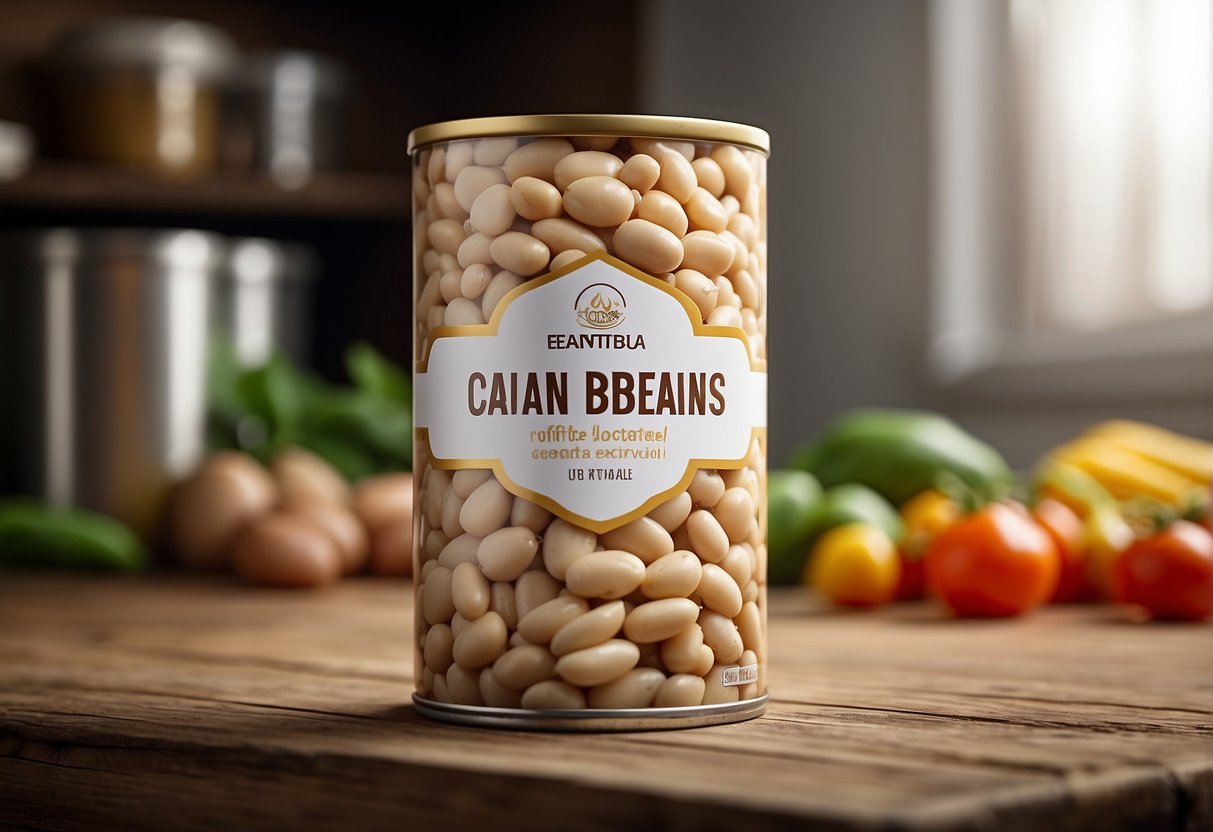 A can of white beans sits on a wooden shelf, surrounded by other canned goods. The label is clean and bright, with the beans visible through the transparent lid