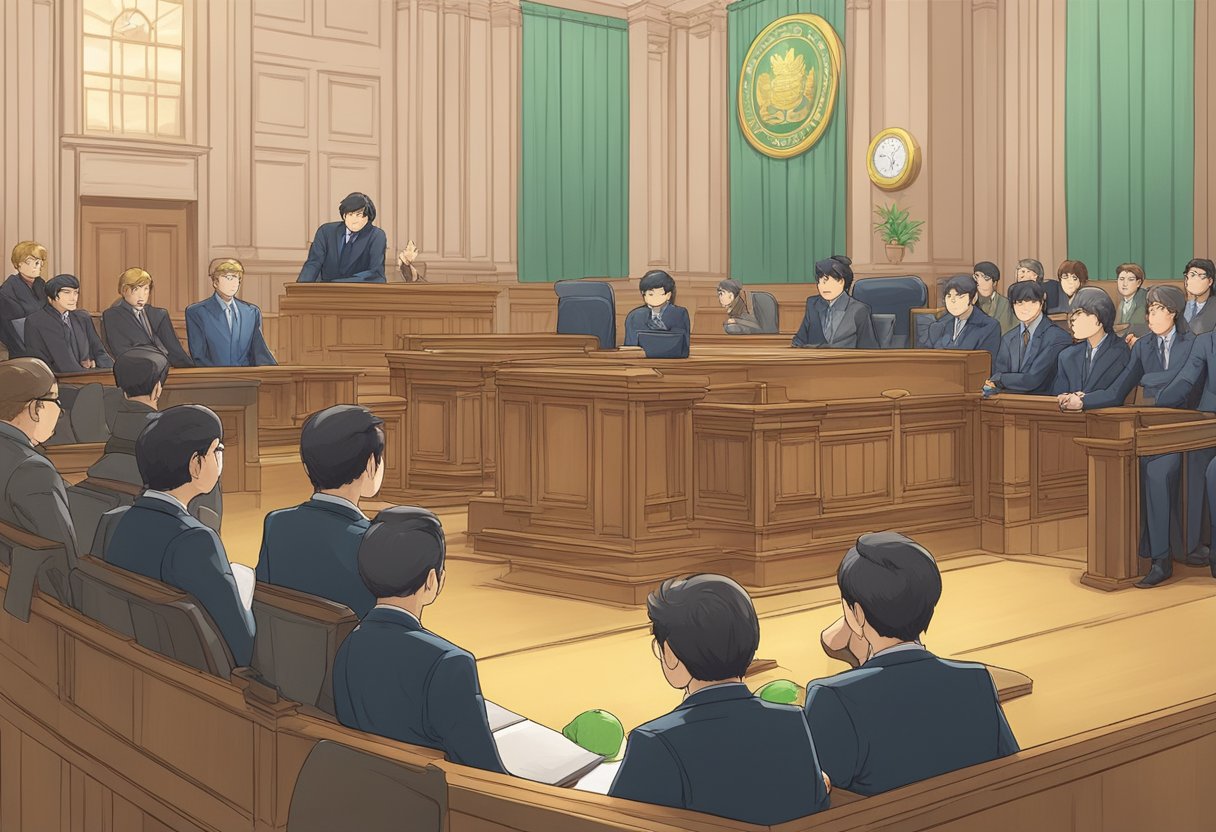 Nintendo's legal action against Yuzu, with a courtroom setting and lawyers presenting arguments