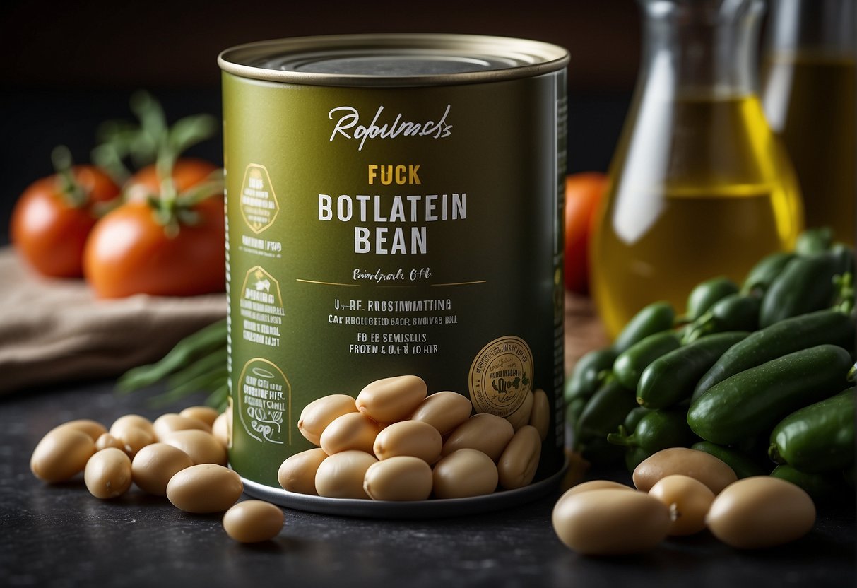 A can of white beans sits on a kitchen counter, surrounded by fresh vegetables and a measuring cup of olive oil. The label on the can displays the nutritional profile