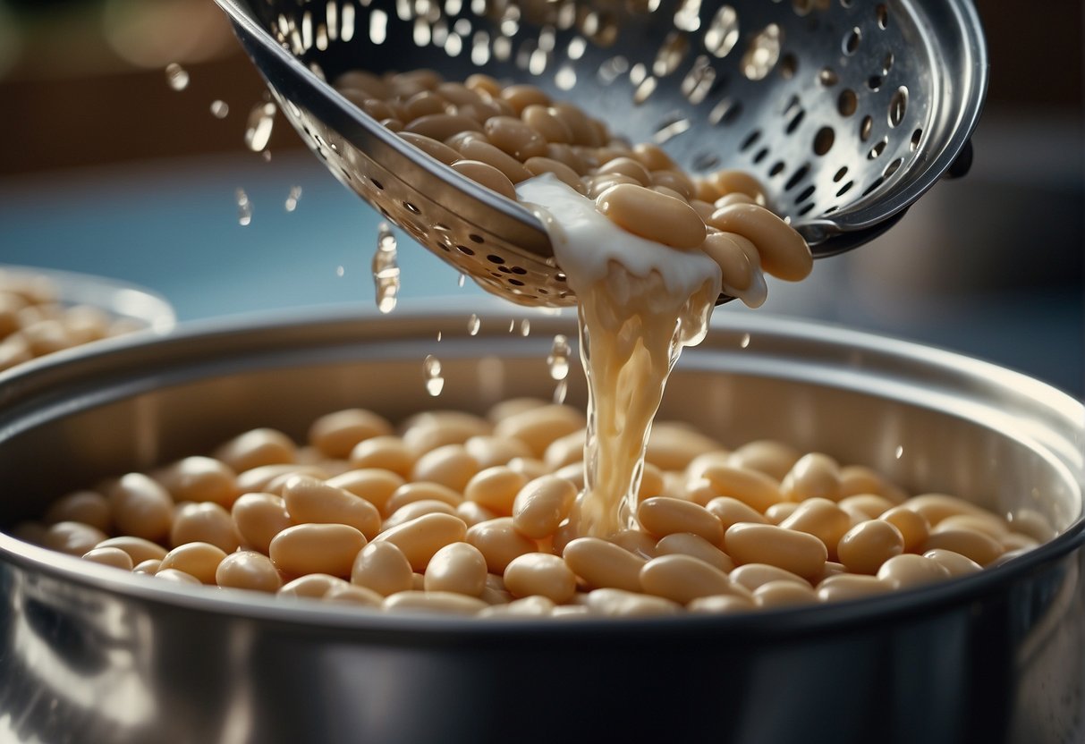 A can of white beans being opened with a can opener, beans being poured into a colander, and then rinsed under running water