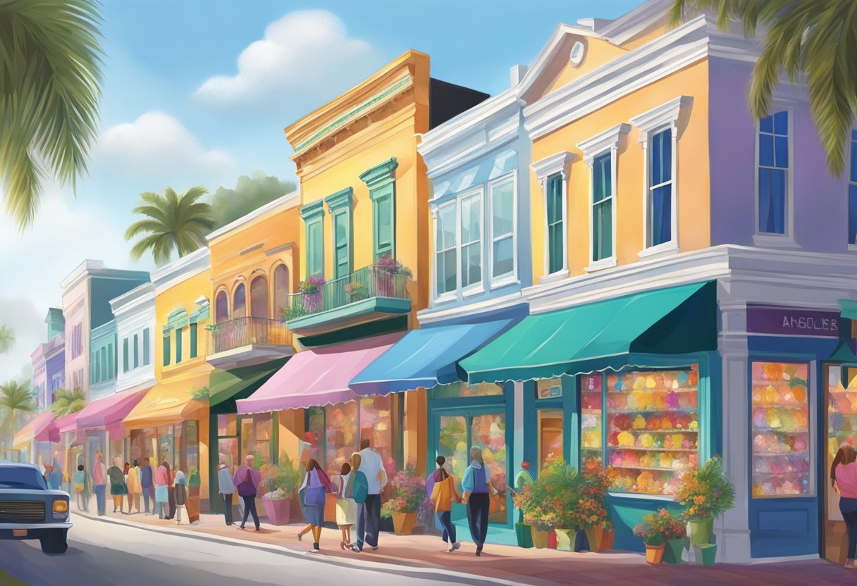 Colorful crystal shops line a bustling street in Orlando, with sparkling gemstones displayed in windows and vibrant signs beckoning passersby