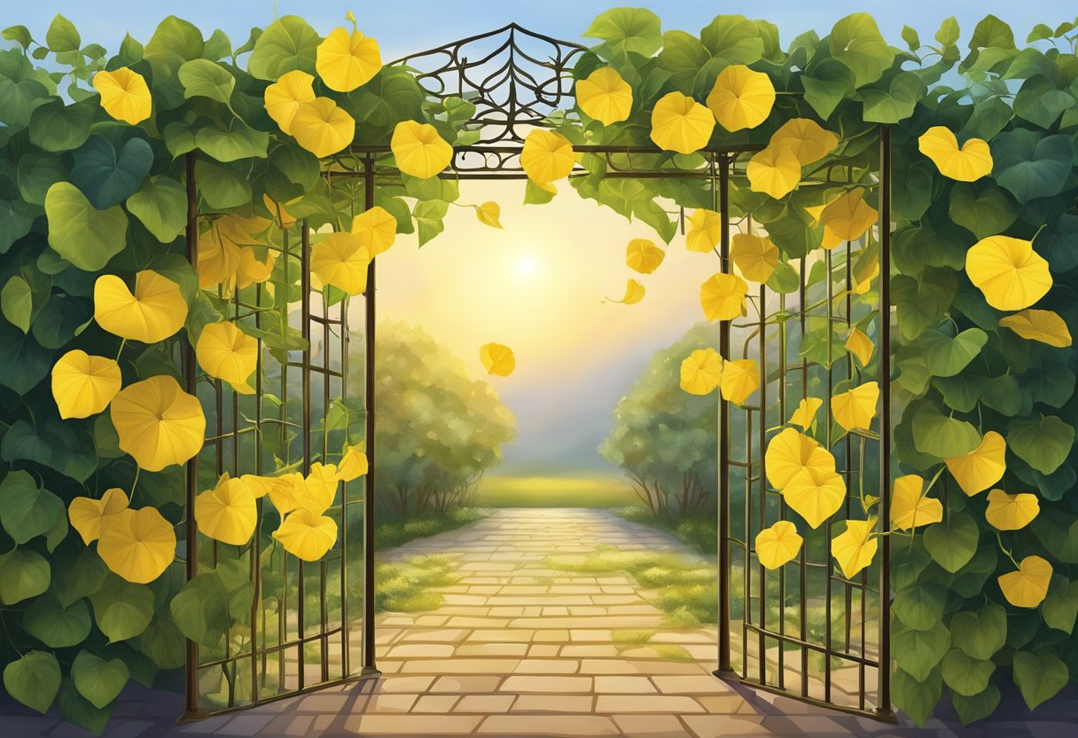 Morning glory yellow leaves cascade down a trellis, catching the soft light of dawn