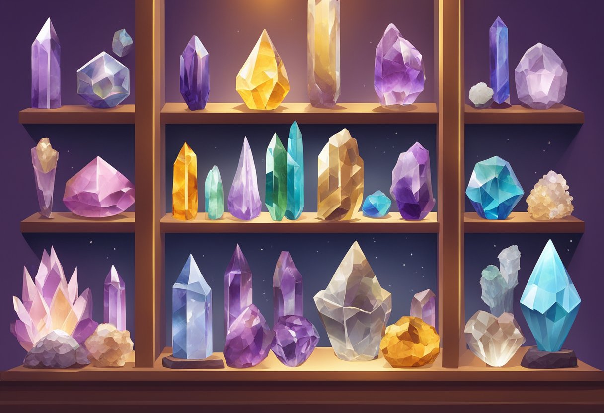 A variety of crystals, including quartz, amethyst, and citrine, are displayed on shelves in a brightly lit crystal shop in Orlando