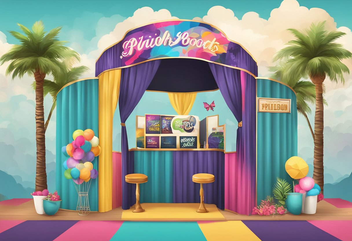 A vibrant photo booth in Orlando, with colorful backdrops and props for guests to pose with. The booth is surrounded by excited event-goers