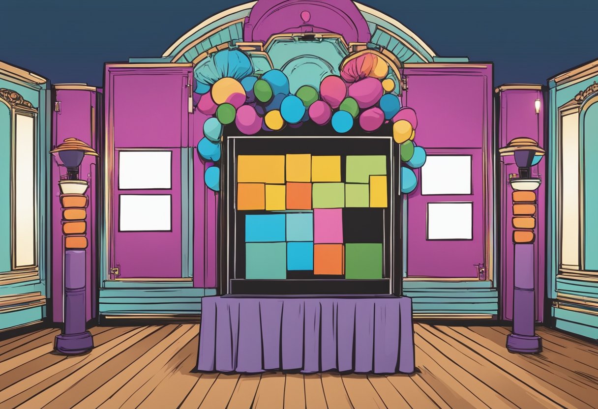 A photo booth stands in a bustling event space in Orlando, with a colorful backdrop, props, and a sign reading "Frequently Asked Questions photo booth rentals."