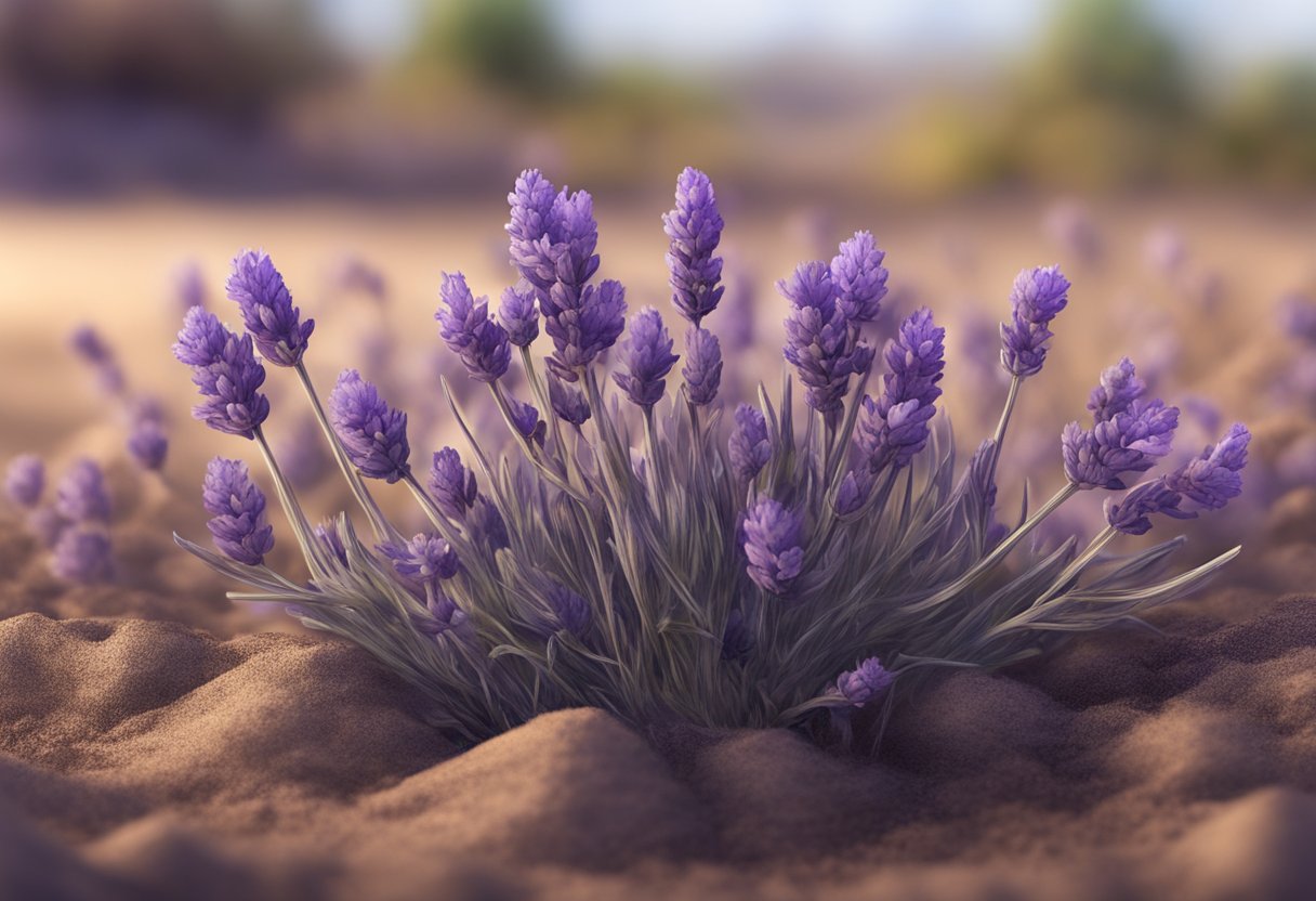 A withered lavender plant droops in dry soil, its once vibrant purple blooms now faded and wilted