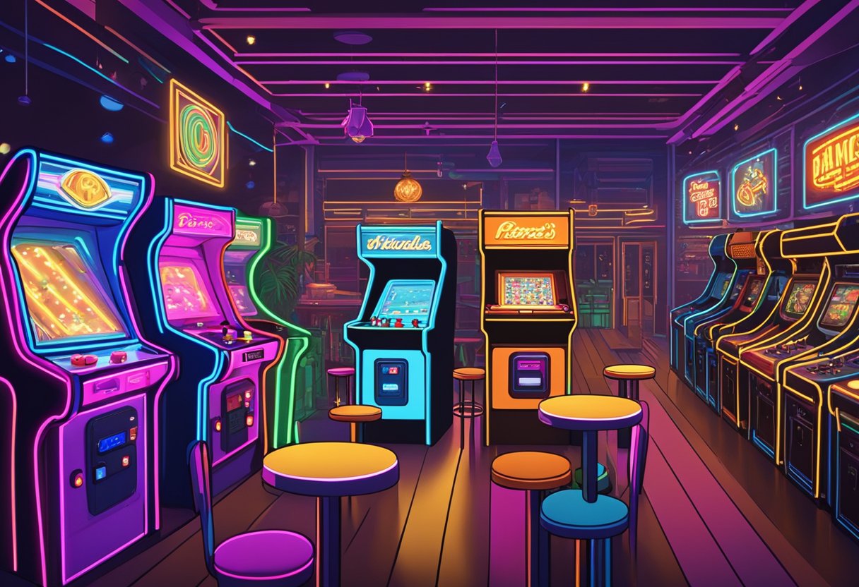 Bright neon lights illuminate rows of vintage arcade games in a lively Orlando bar. Patrons compete in games while sipping on colorful cocktails, surrounded by retro decor and upbeat music