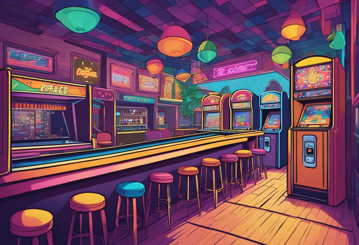 An arcade bar in Orlando, filled with retro games and neon lights, buzzing with lively music and laughter, patrons enjoying drinks and playing games