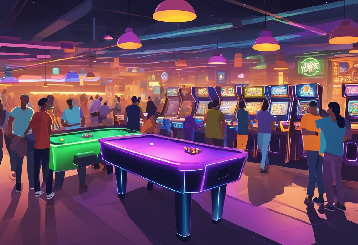 People gather at arcade bars in Orlando, playing games and socializing. Bright lights and colorful machines create a lively atmosphere