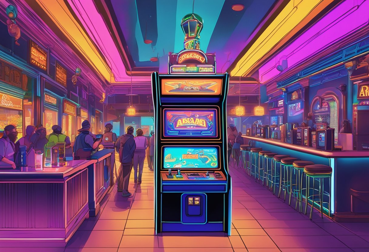 The arcade bar in Orlando is easily accessible with a neon-lit entrance, retro gaming machines, and a vibrant crowd enjoying drinks and games