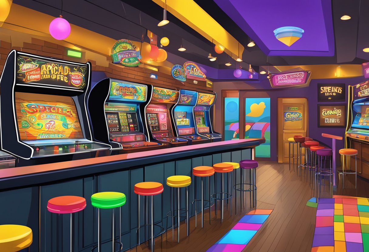 The arcade bar in Orlando features colorful signs promoting special offers and discounts. The vibrant atmosphere invites patrons to enjoy games and drinks