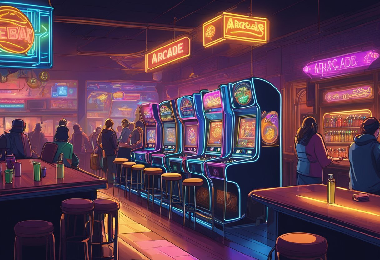 The arcade bar is bustling with patrons playing games and enjoying drinks. Neon lights and retro decor create a vibrant atmosphere