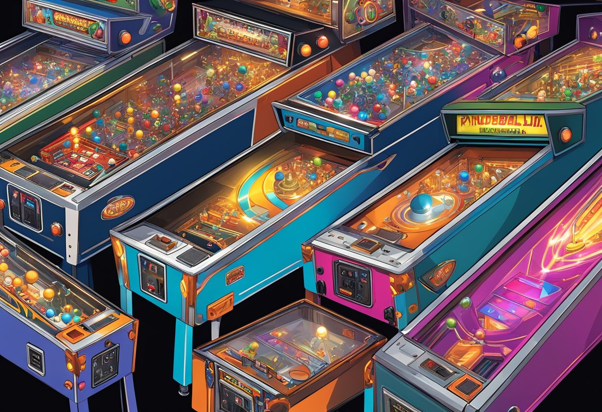 Colorful pinball machines fill a dimly lit arcade. Bright lights flash and bells ring as silver balls bounce around the playfield. Players line up to take their turn at the vintage games