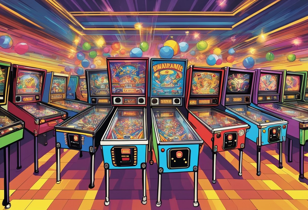 Brightly lit pinball machines fill a bustling arcade in Orlando, with players eagerly competing for high scores. The sound of flippers and bumpers fills the air as the machines flash and buzz with each play