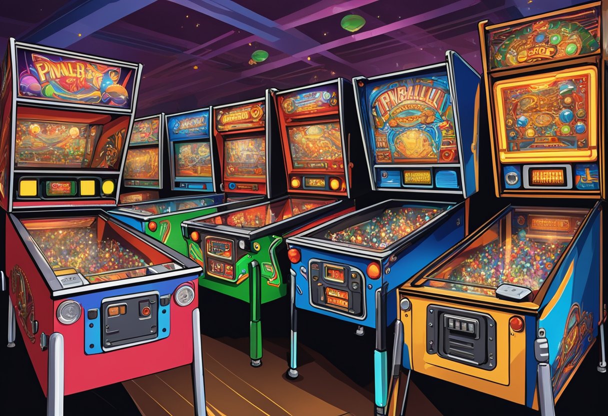 An array of pinball machines fills the vibrant arcade, flashing lights and ringing bells creating an atmosphere of excitement and nostalgia