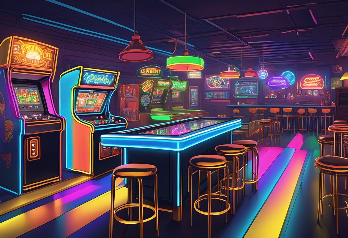 Brightly lit bar with arcade games and pinball machines in Orlando. Colorful neon signs and retro decor create a lively atmosphere