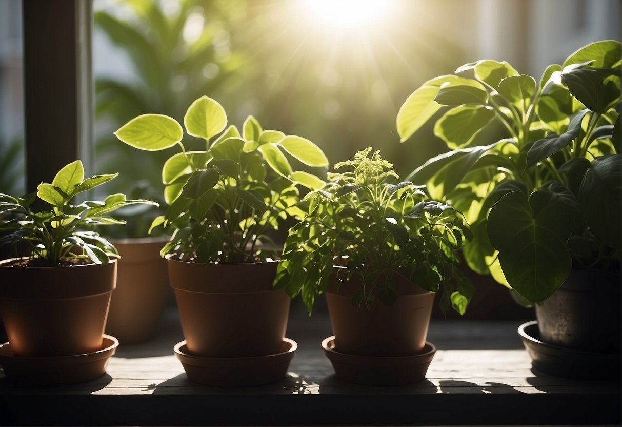 Lush green plants thrive in pots on a shaded balcony, reaching towards the sunlight filtering through the leaves above