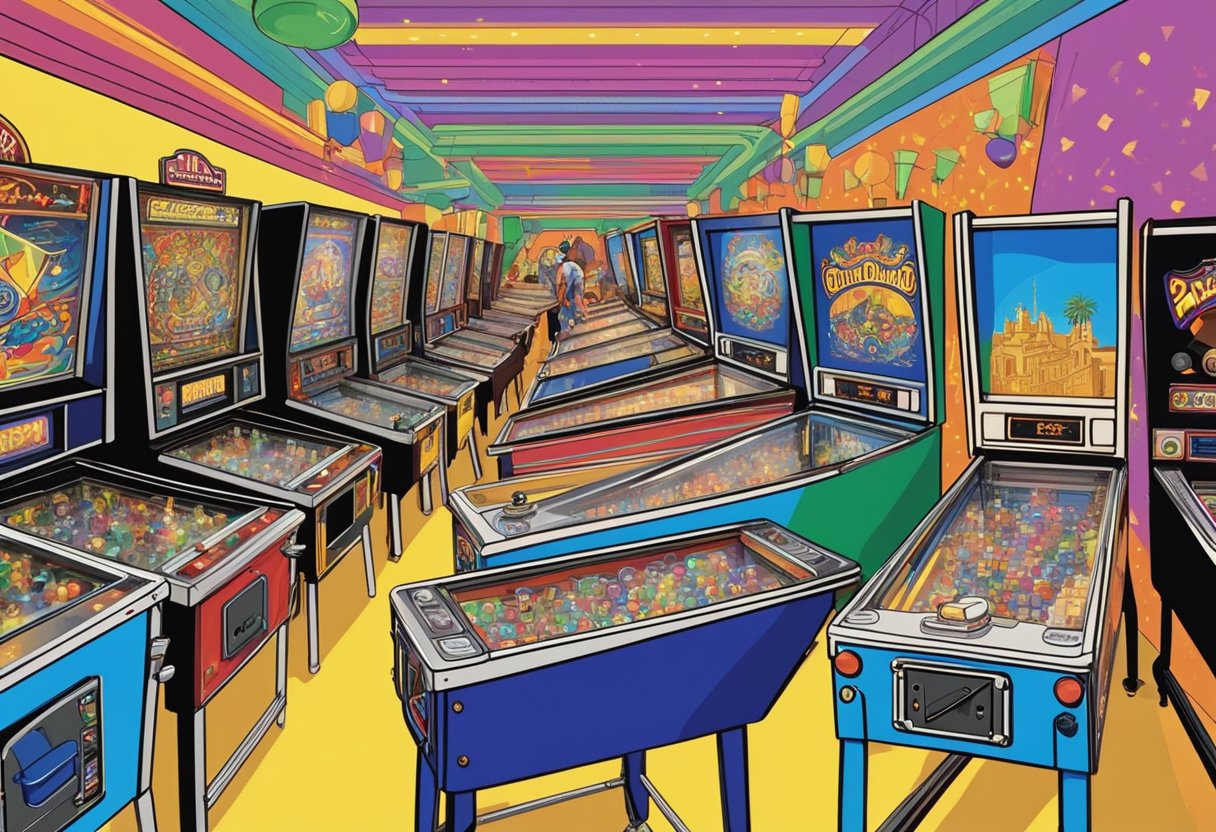 Brightly lit pinball machines line the walls of the Orlando arcade. A crowd of players competes amid the sounds of clinking bells and flashing lights