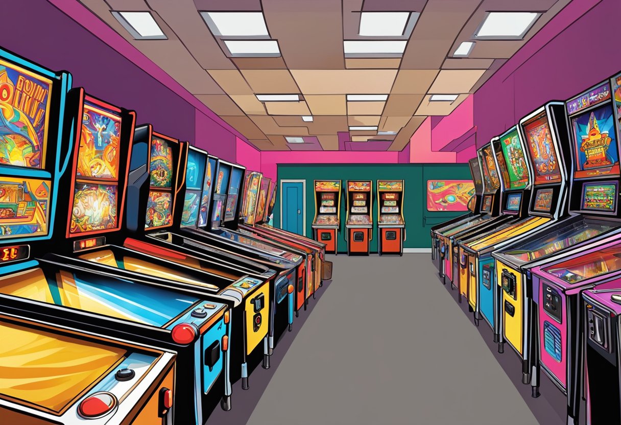 A row of pinball machines in a vibrant arcade, with clear pricing and accessible pathways for all visitors in Orlando