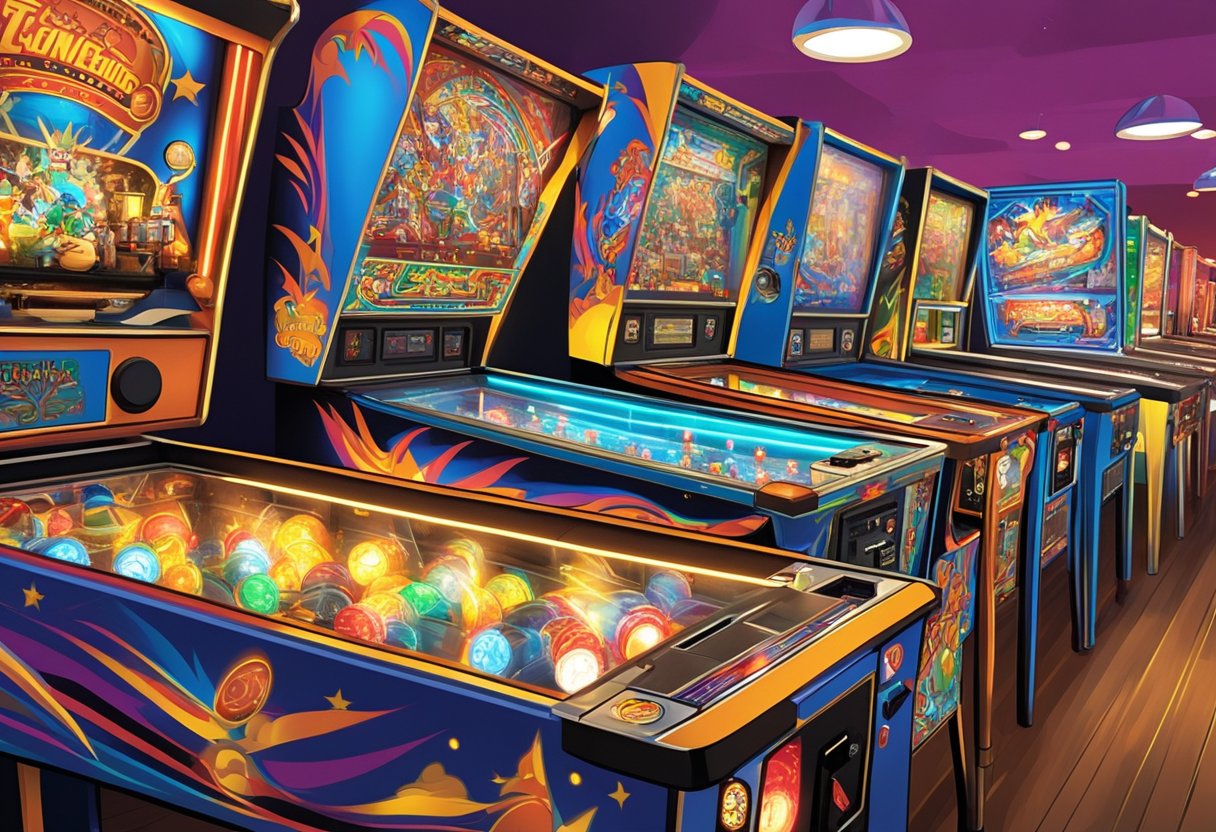 Brightly lit pinball machines fill the arcade, with players eagerly competing and enjoying the lively atmosphere of the pinball business in Orlando