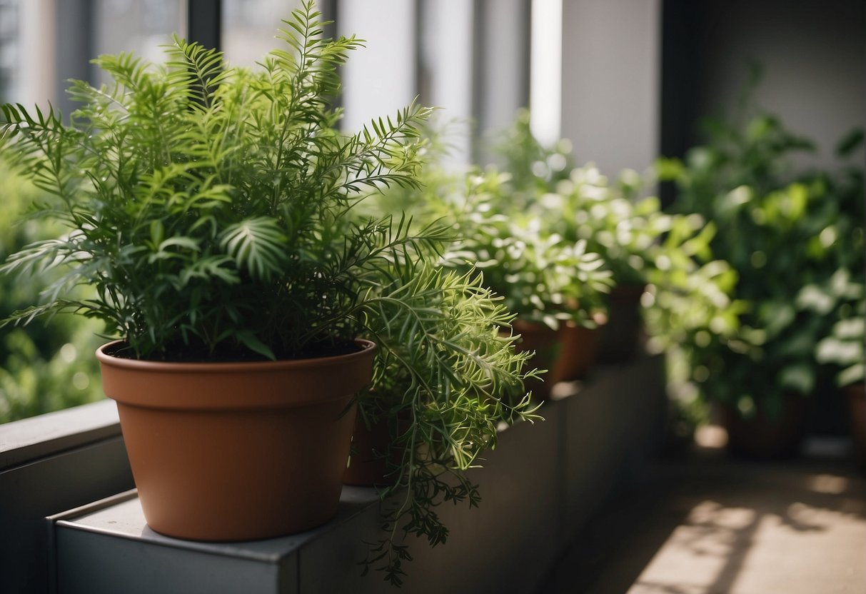 Lush green plants and fragrant herbs thrive on shaded balconies