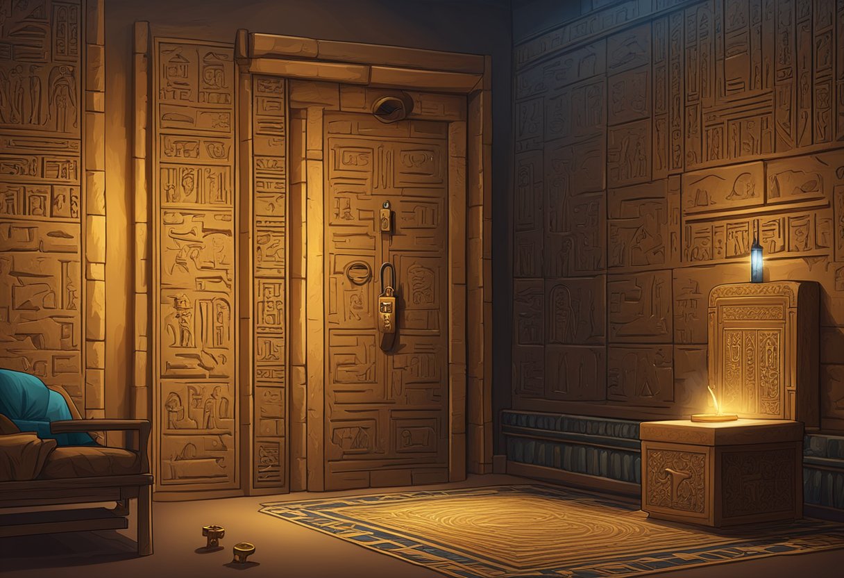 A dimly lit room with Egyptian hieroglyphs on the walls, a sarcophagus in the corner, and a puzzle lock on the door