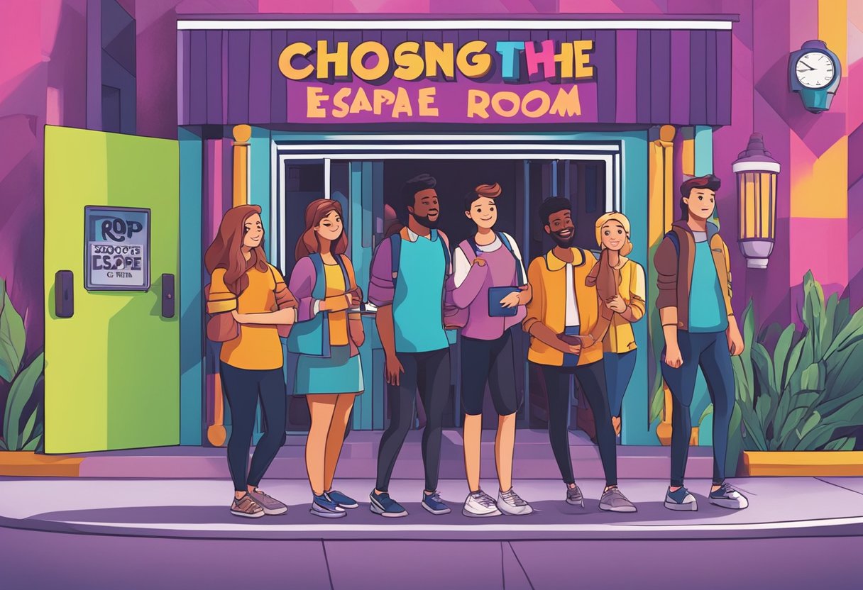 A group of friends stand outside a colorful and inviting escape room facility, with a sign reading "Choosing the Right Escape Room" in Orlando