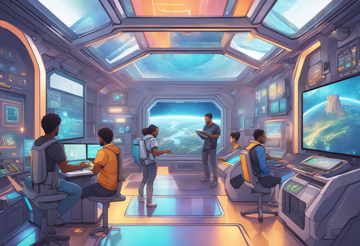 Players solving puzzles in a futuristic space station, surrounded by interactive technology and immersive environments