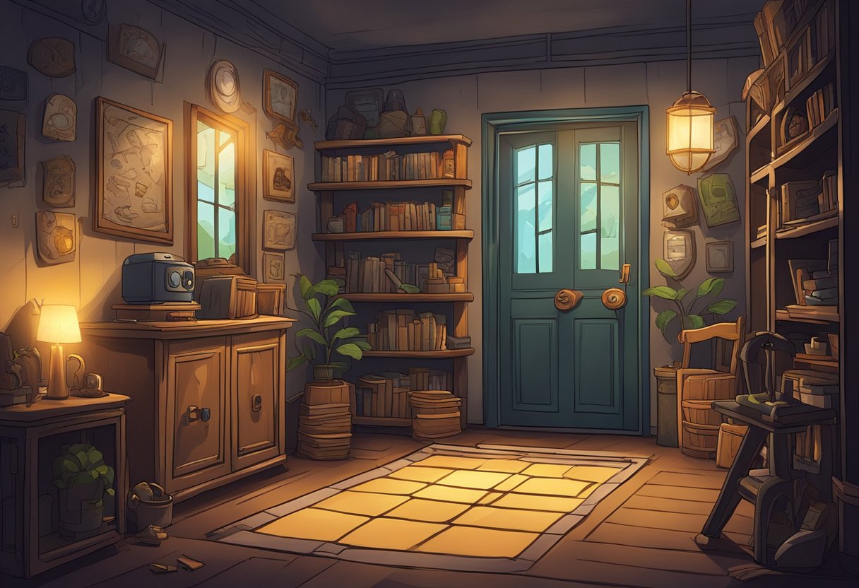 A dimly lit room with game-themed decor, puzzles, and locked doors. A sense of mystery and excitement fills the air