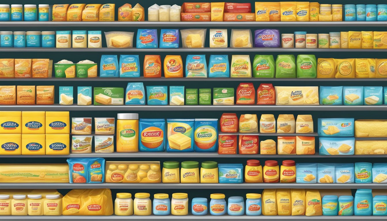 A colorful array of butter brands from Singapore arranged on a shelf in a grocery store