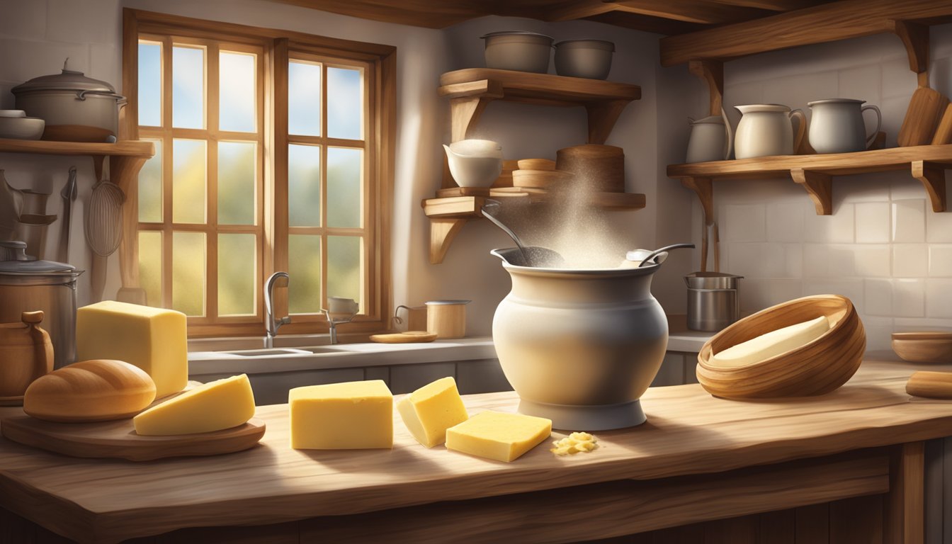 A rustic French farmhouse kitchen with a large wooden churn, fresh cream being poured in, and the rich aroma of butter filling the air