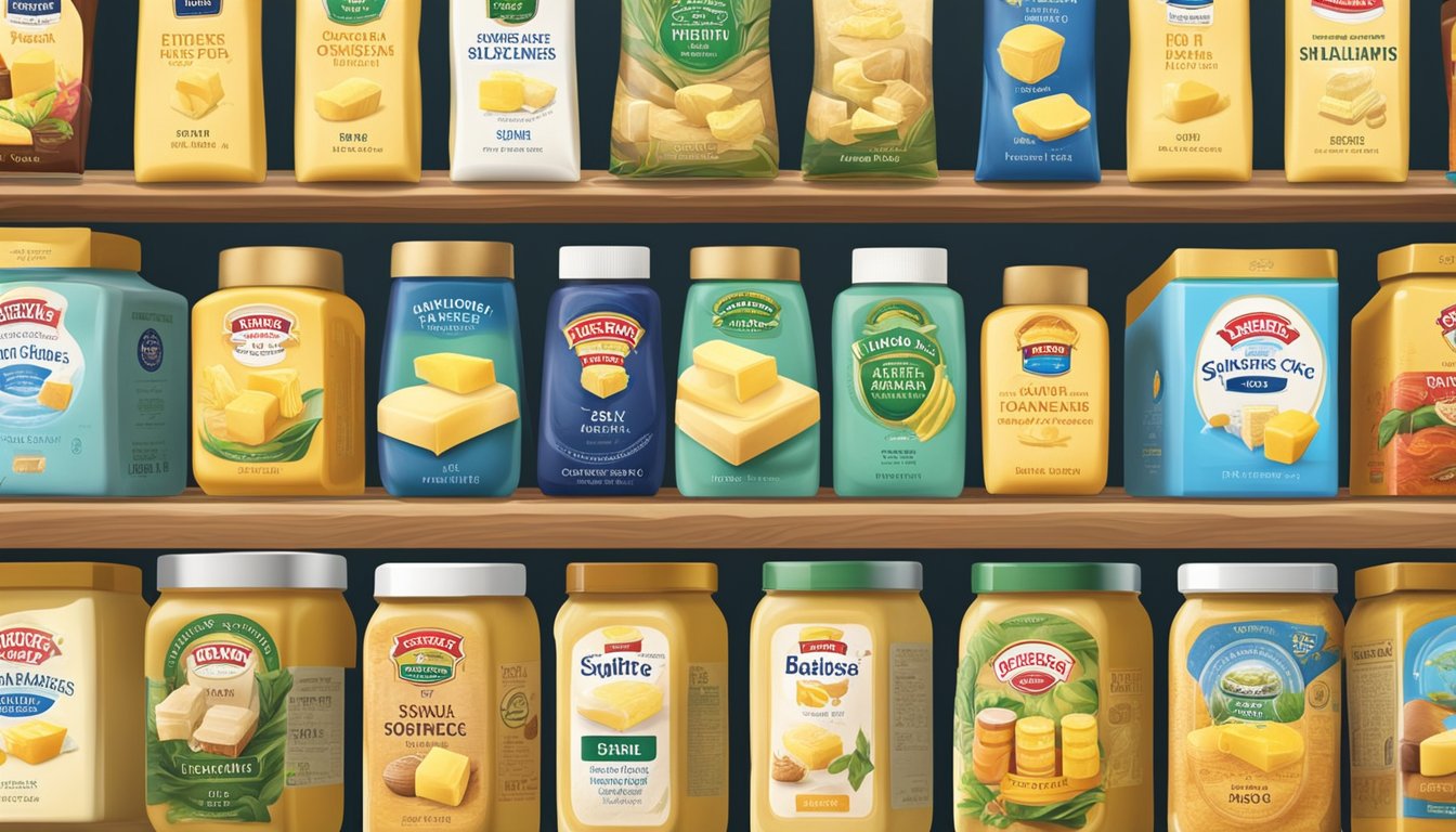 A colorful display of various butter brands from Singapore and abroad, neatly arranged on a wooden table in a well-lit market