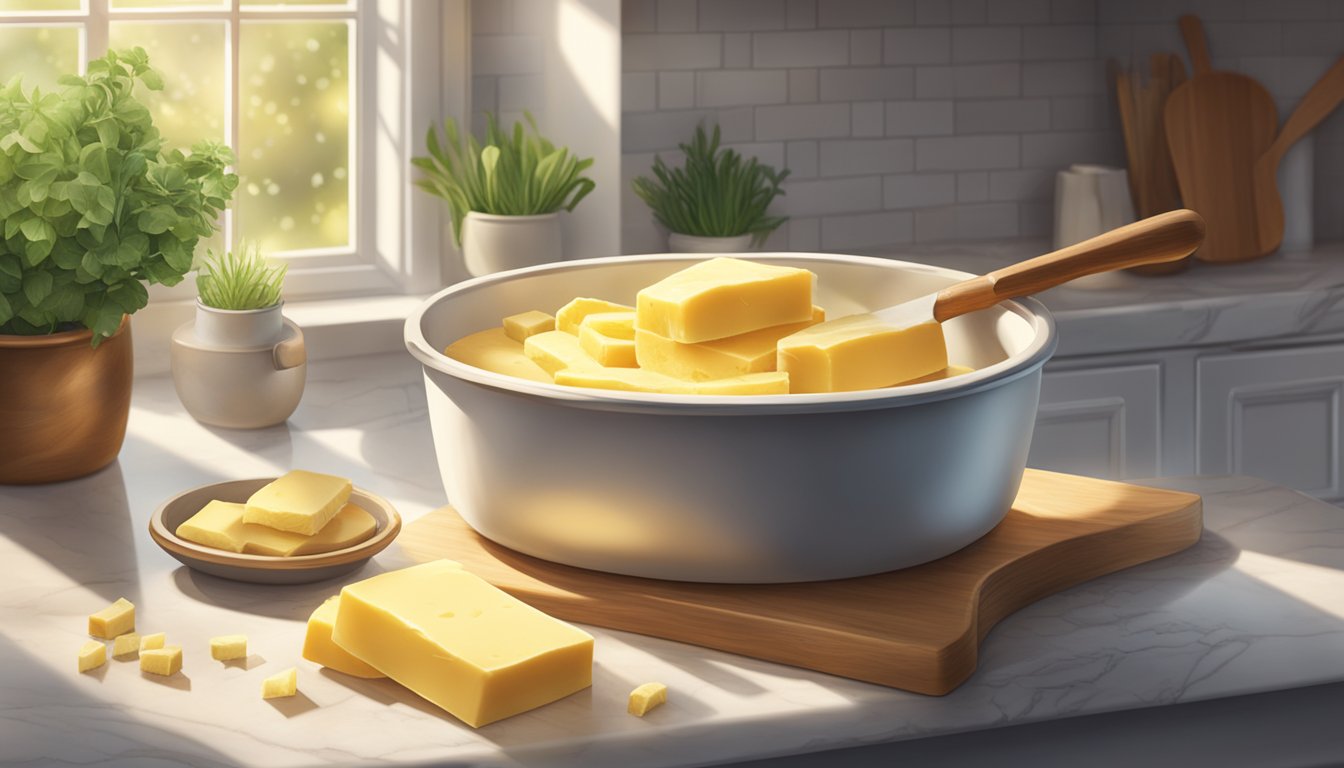A tub of golden butter sits on a marble countertop, surrounded by fresh herbs and a wooden cutting board. Sunlight streams in through the window, casting a warm glow on the scene