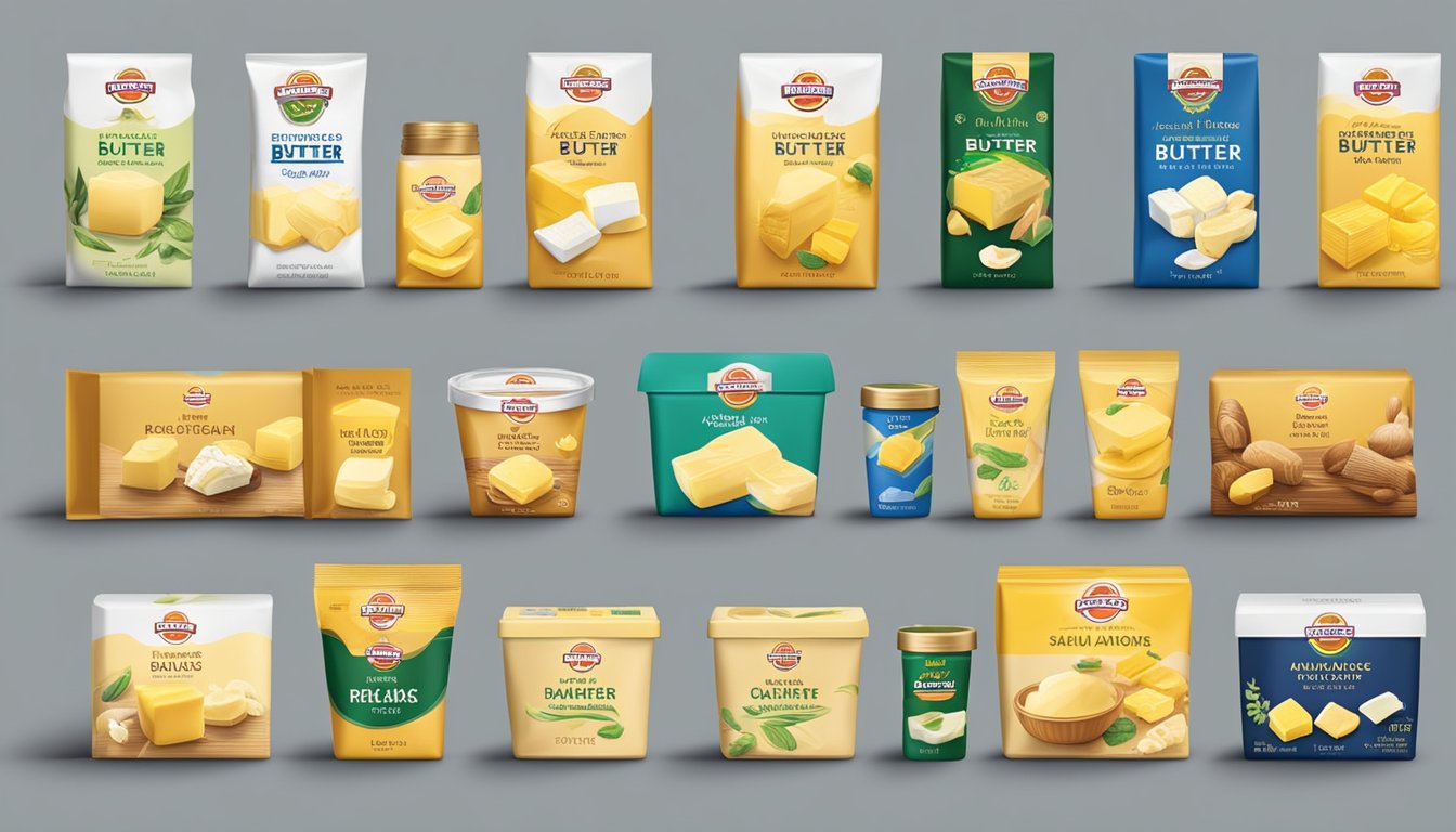 A display of various butter brands from Singapore, arranged in a neat row with colorful packaging and different types of butter
