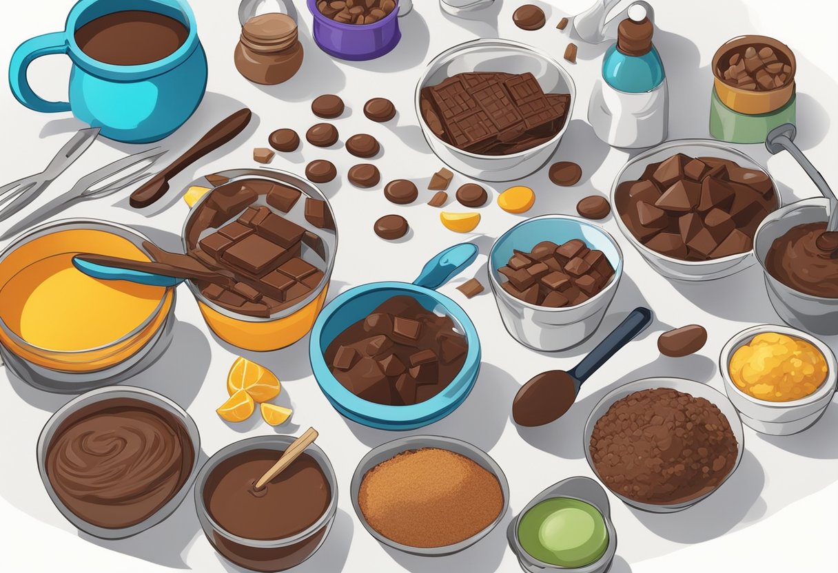 A colorful array of chocolate ingredients and tools spread out on a clean, organized workspace, ready for a chocolate making class in Orlando