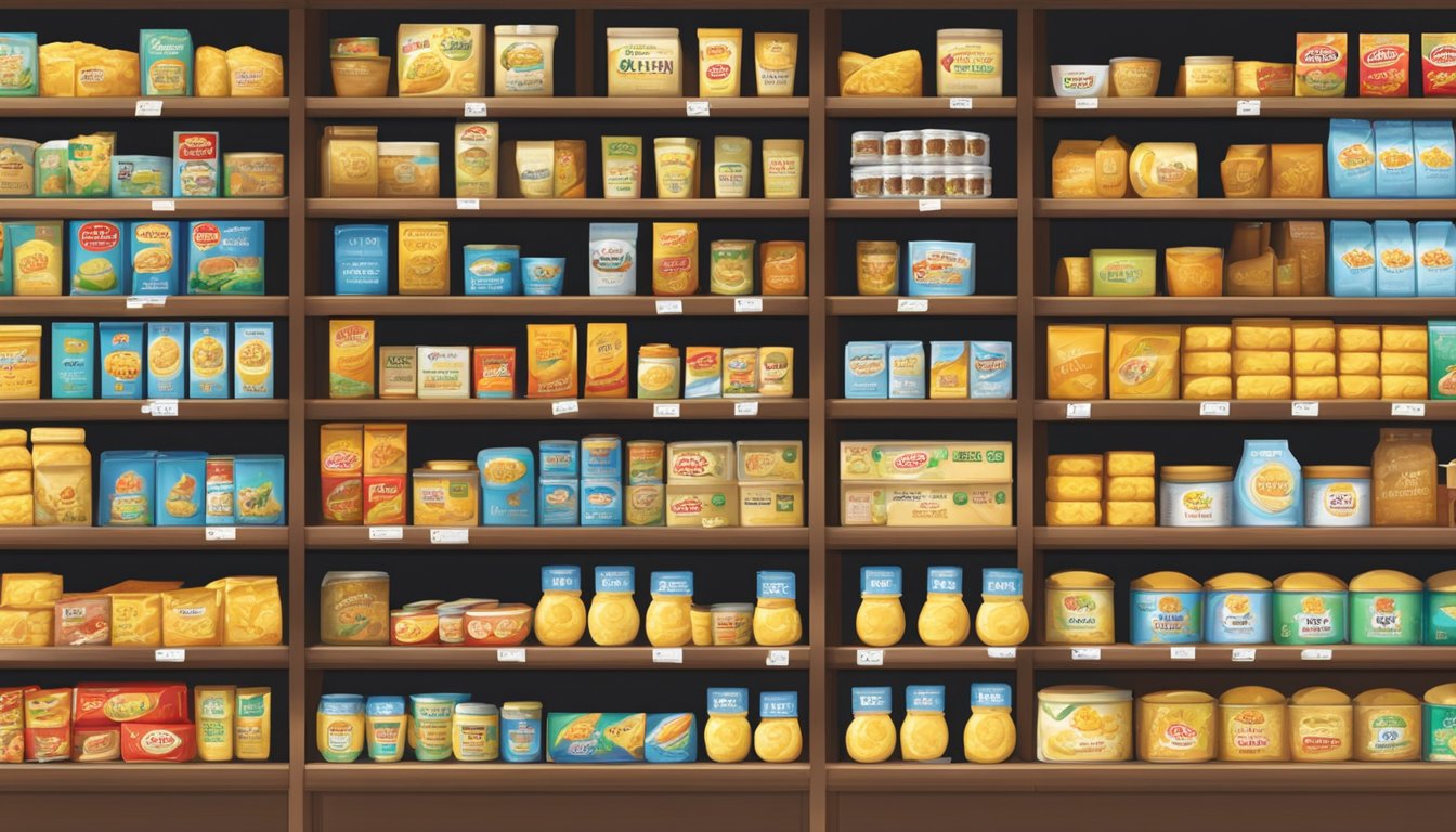 A display of various butter brands from Singapore, neatly arranged on shelves with price tags and labels