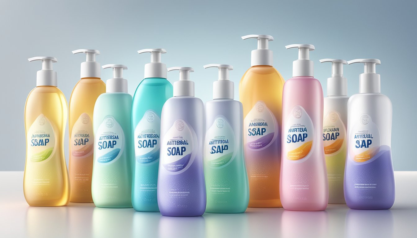Bottles of antibacterial soap arranged on a clean, white surface with a soft, glowing light highlighting the labels and shapes