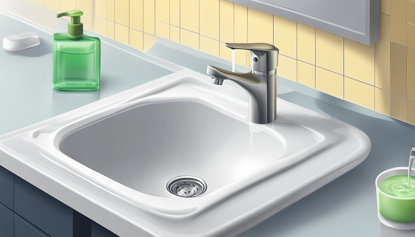 A sink with a bar of antibacterial soap next to a running faucet