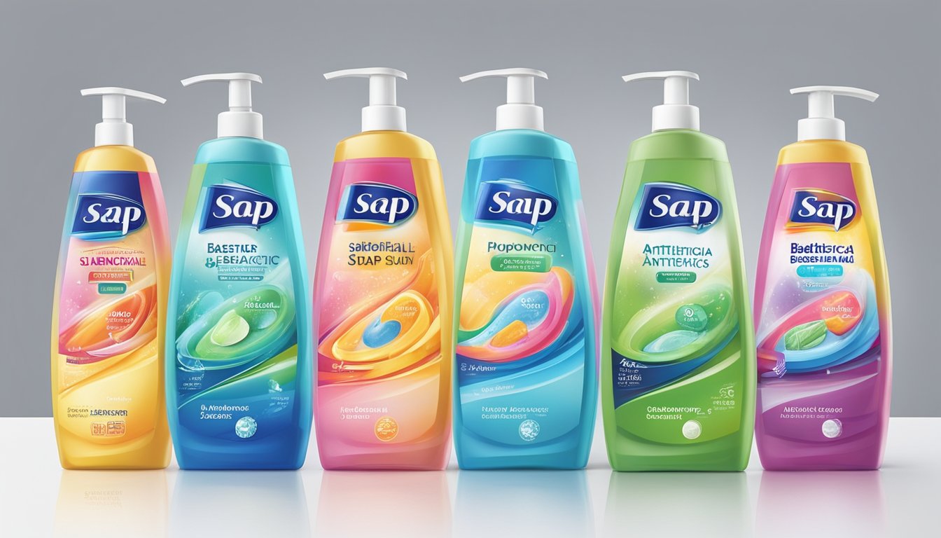 A display of popular antibacterial soap brands arranged on a clean, white countertop with bold, colorful packaging and prominent antibacterial labels