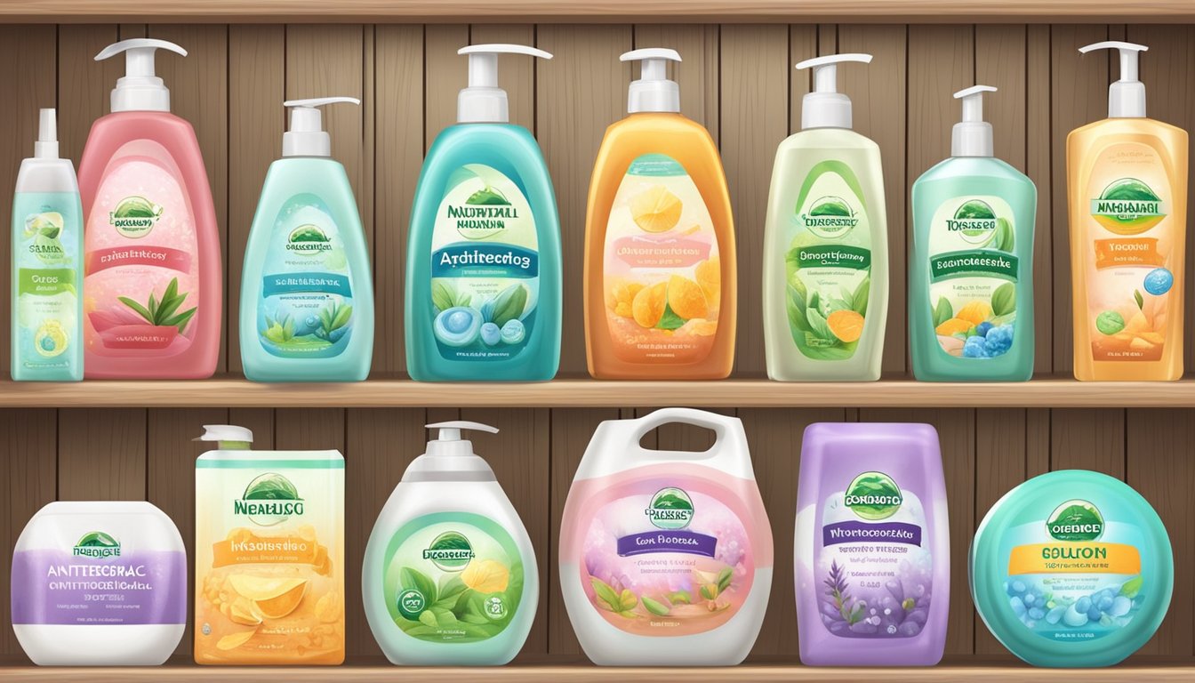 A variety of antibacterial soap brands arranged on a wooden shelf with natural and organic labeling