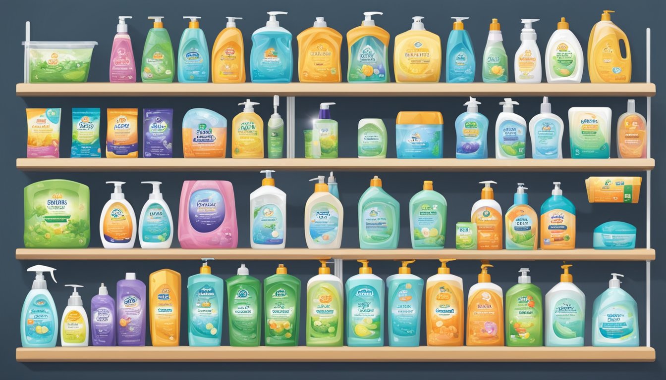 A variety of antibacterial soap brands line the shelves, each with different packaging and labels indicating their specific uses and benefits