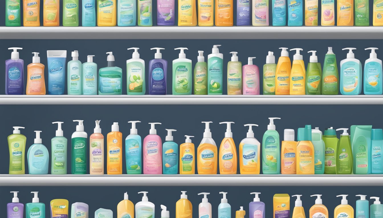 Various antibacterial soap brands arranged on a shelf with "Frequently Asked Questions" displayed prominently