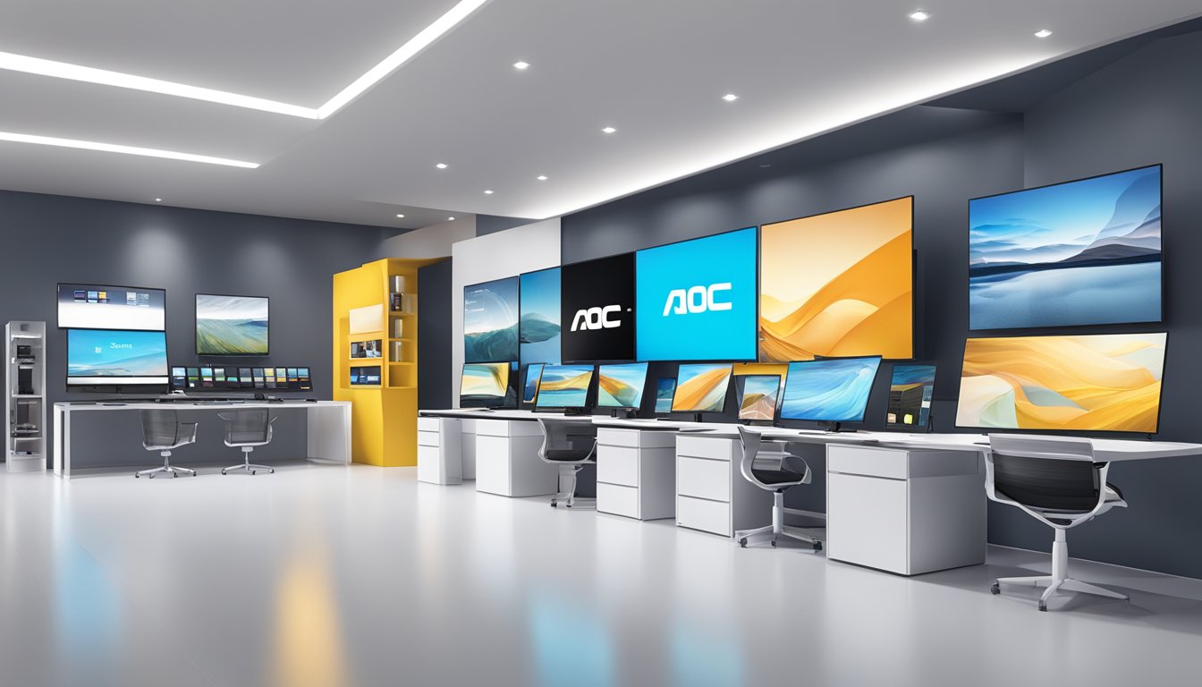 Various AOC international monitor brands displayed in a sleek, modern showroom
