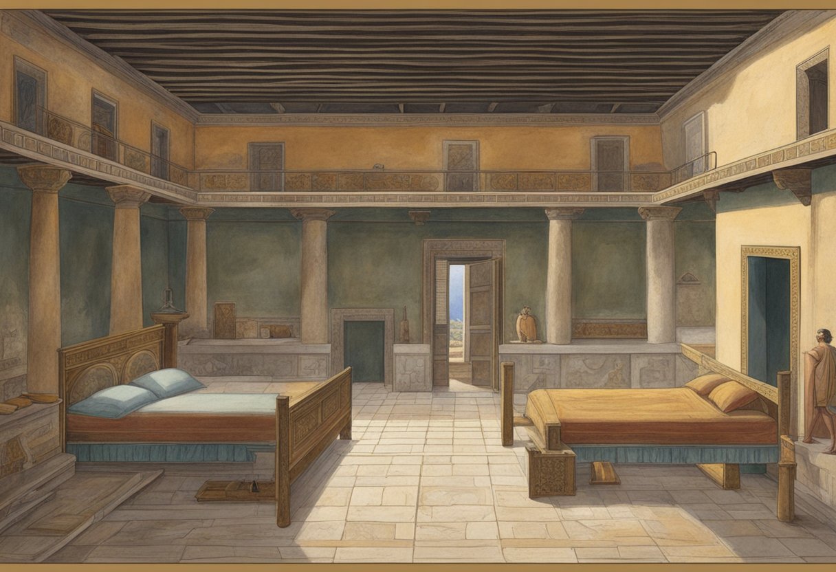 The Lupanar of Pompeii, a two-story brothel with stone walls and a tiled roof, features small rooms with stone beds and erotic frescoes